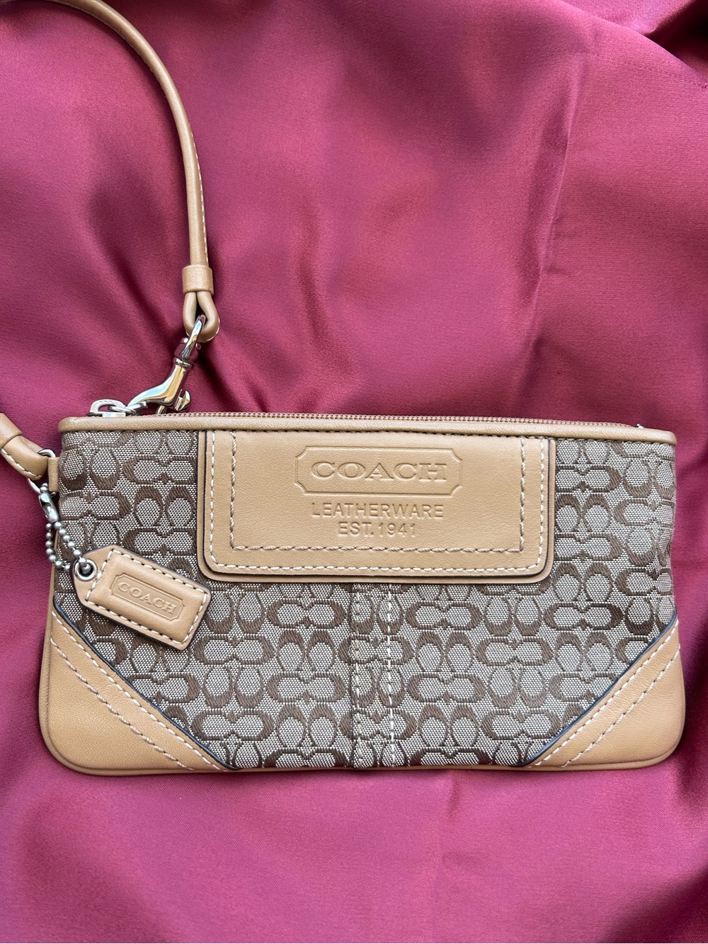 COACH Tan Signature Canvas Wristlet with Leather Trim